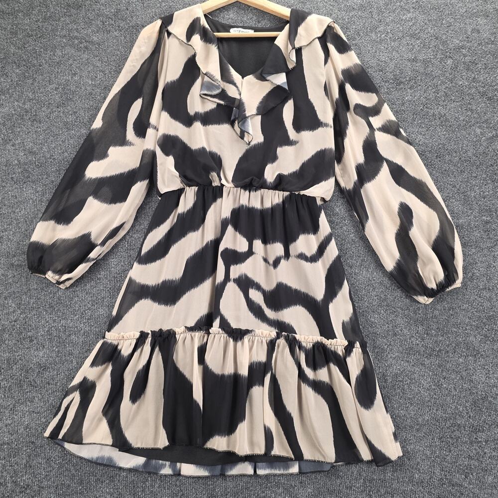 STEPS Dress Womens Medium Black Beige Animal Print Ruffle V Neck‎ Tiered Hem
